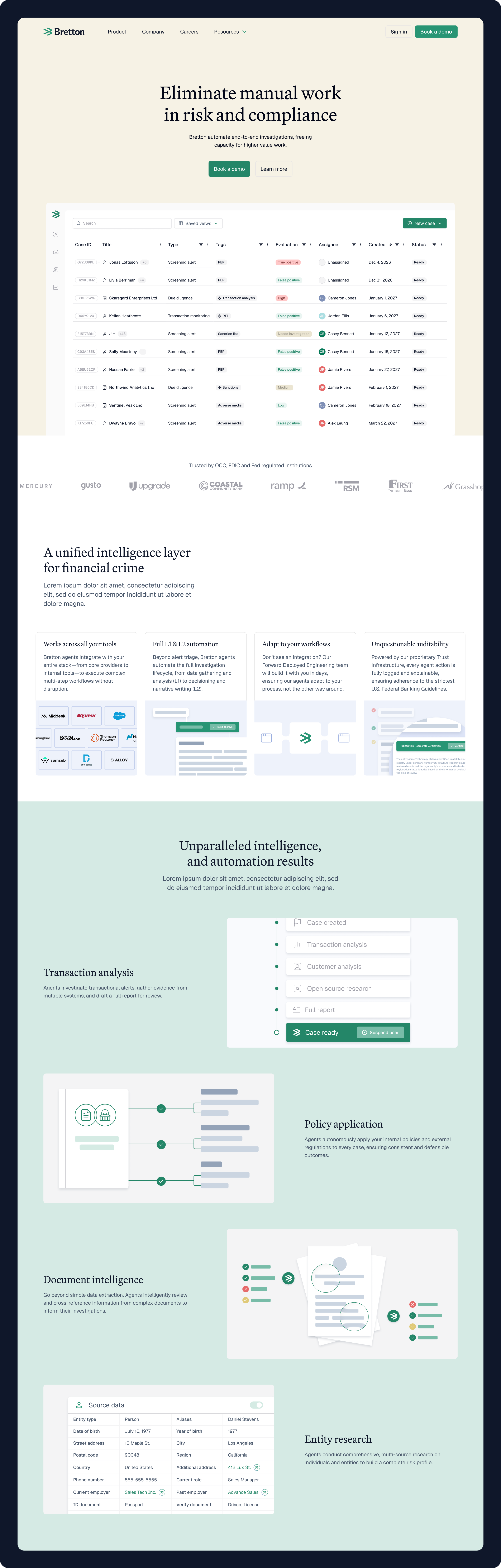Bretton website homepage design with headline 'Eliminate manual work in risk and compliance' and case management dashboard