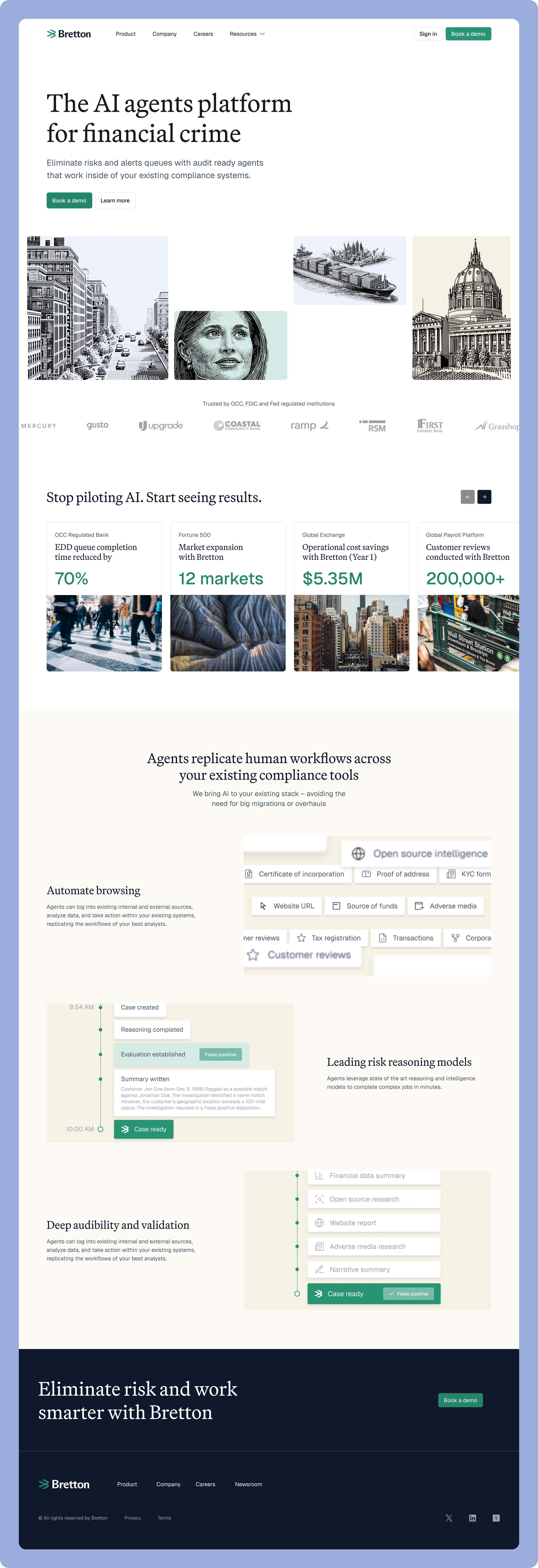 Bretton website homepage design with headline 'The AI agents platform for financial crime' and illustrated hero collage