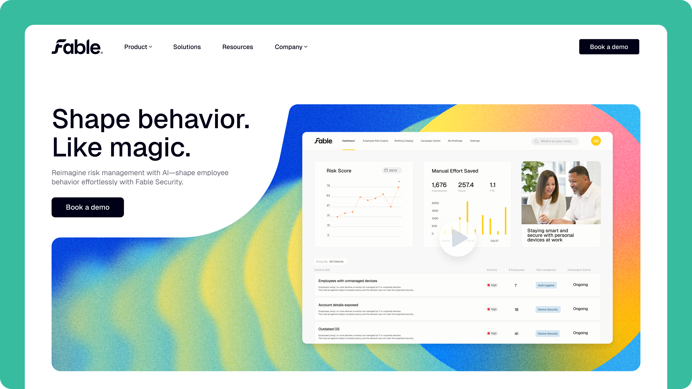 Fable Security website homepage hero with headline 'Shape behavior. Like magic.' and product dashboard preview