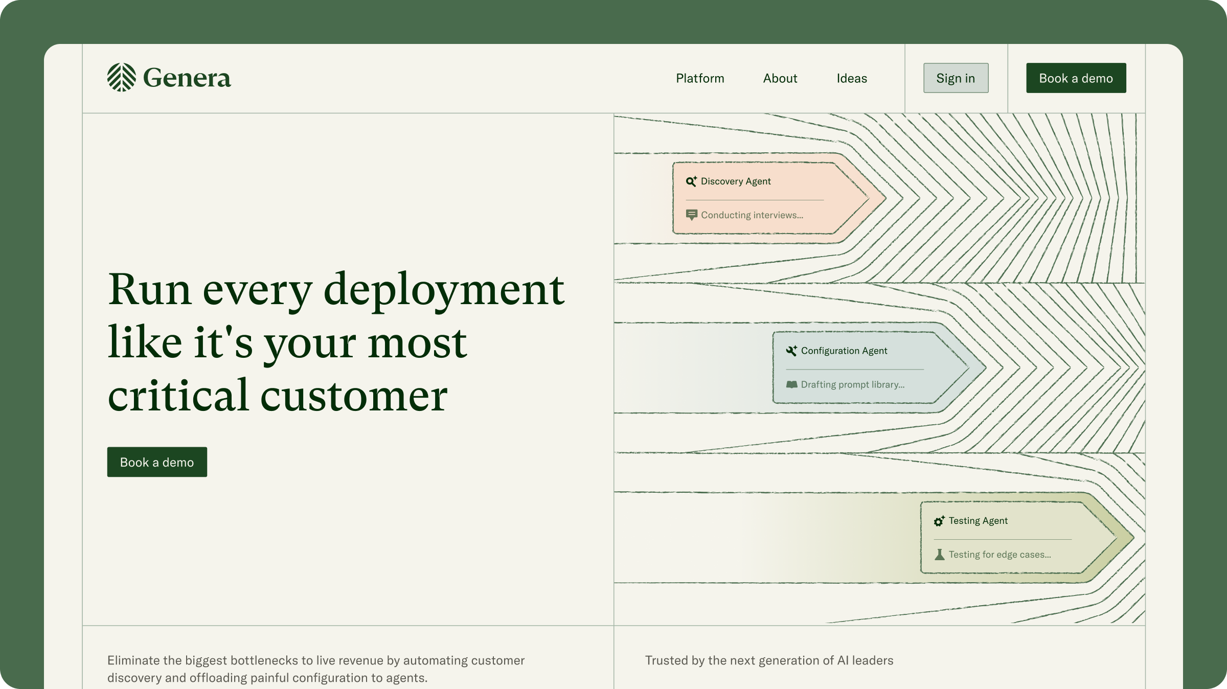 Genera website homepage hero with headline 'Run every deployment like it's your most critical customer' and AI agent workflow diagram