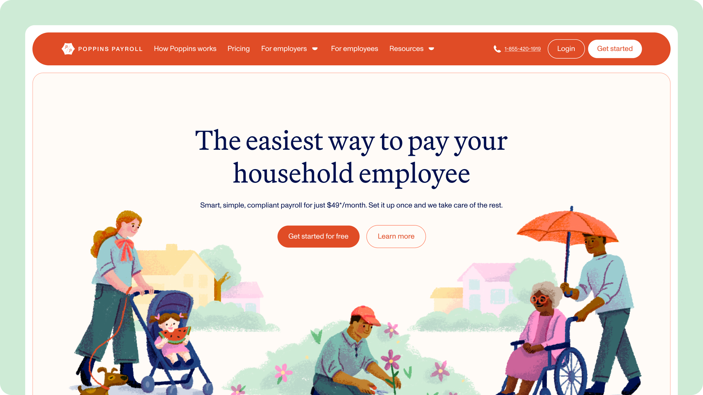 Poppins Payroll website homepage hero with headline 'The easiest way to pay your household employee'