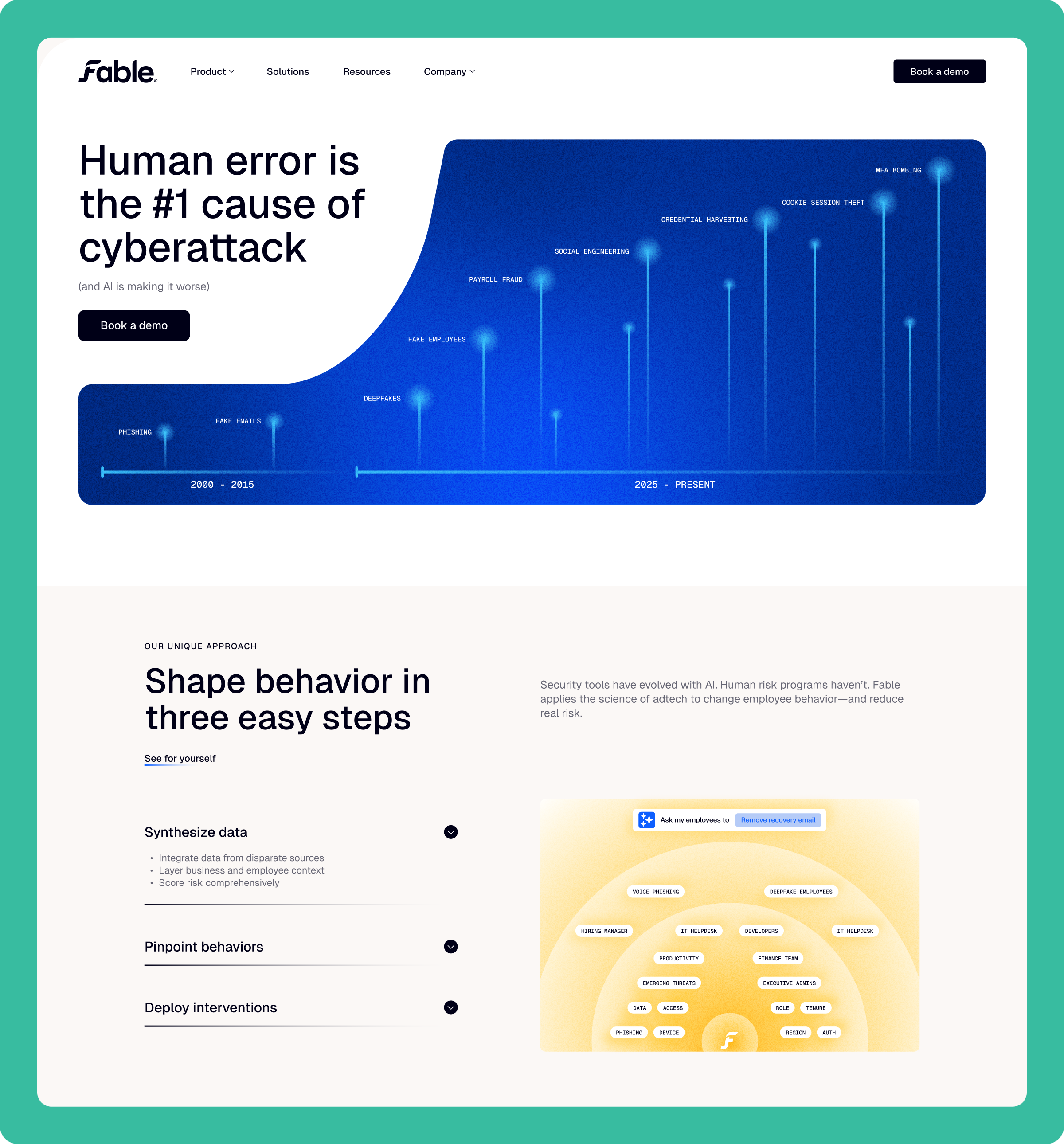 Fable Security website section on human error as the leading cause of cyberattacks, with a three-step 'shape behavior' approach