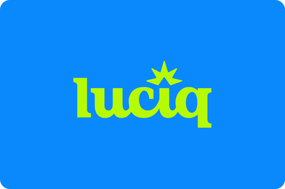Close-up of the Luciq wordmark logo in chartreuse on blue