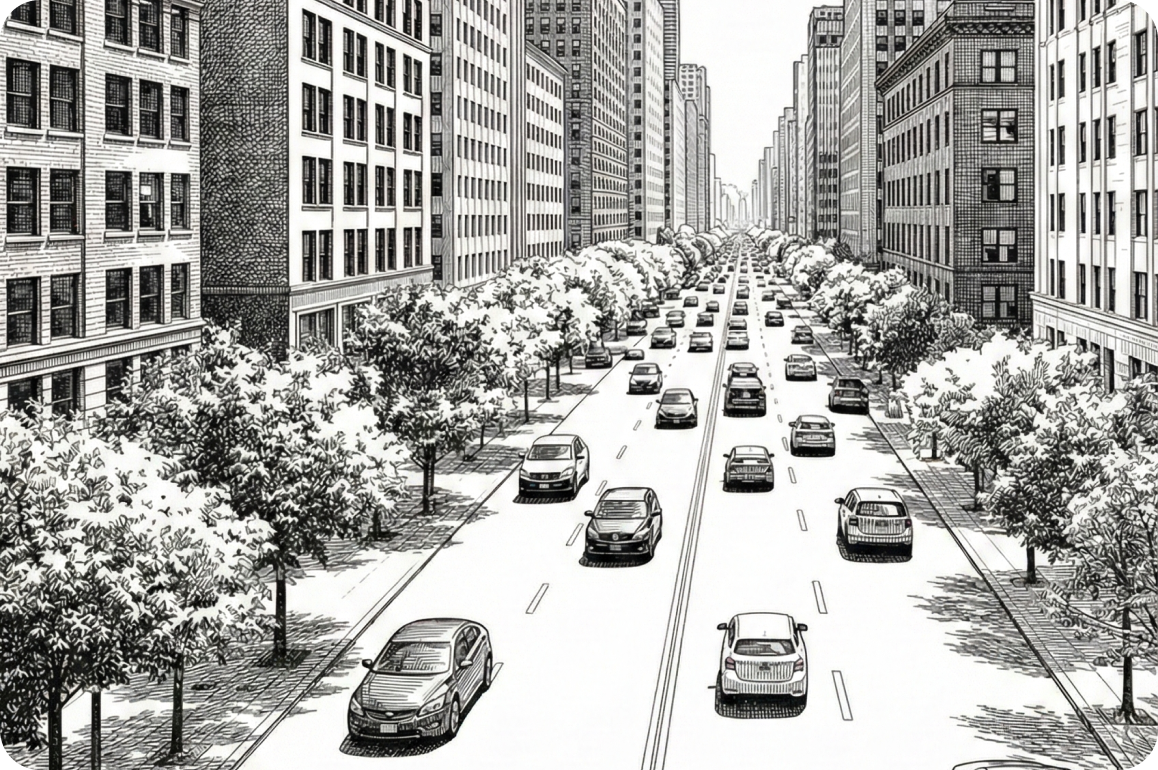Scratchboard-style black and white illustration of a busy city avenue lined with trees and traffic