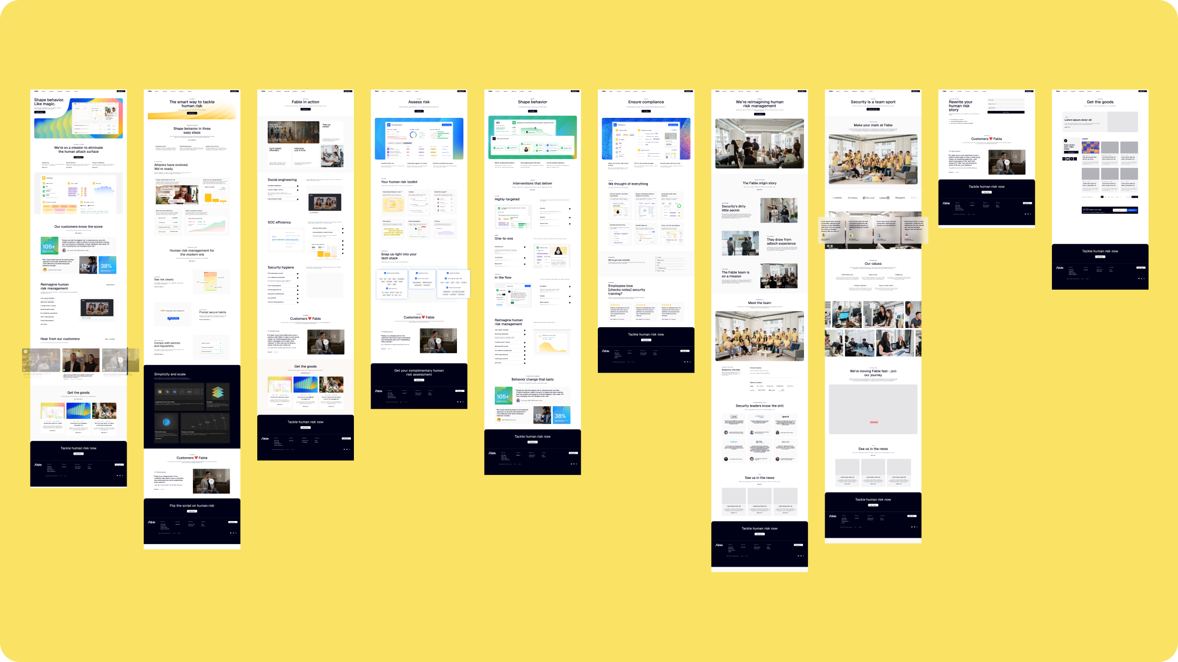 Grid of ten Fable Security website page designs including homepage, product, company, and customer story pages