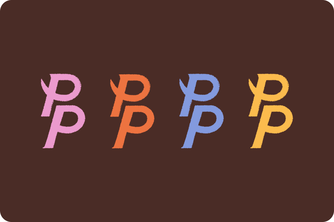 Polished Pup PP monogram shown in four brand colors on dark brown background
