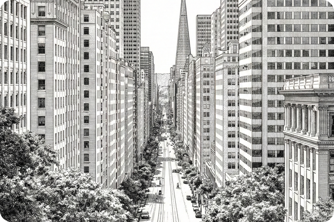 Scratchboard-style black and white illustration of a San Francisco street with a cable car line and the Transamerica Pyramid