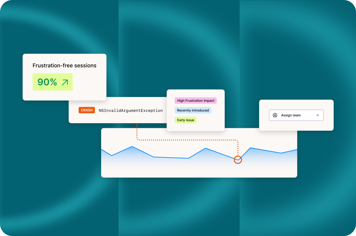 Luciq dashboard illustration on teal background showing a flagged app crash
