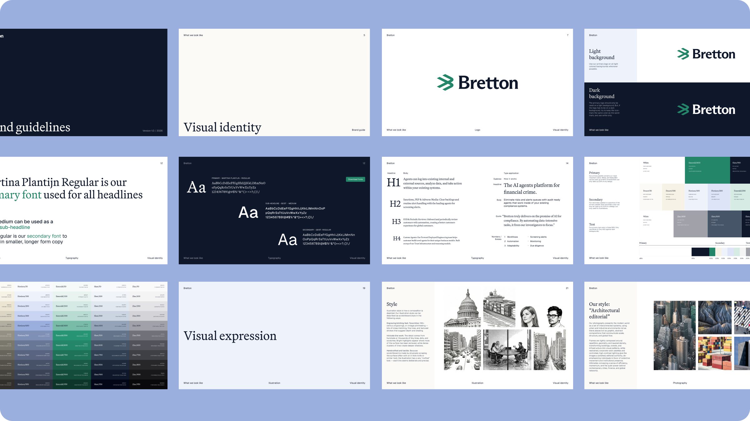 Pages from the Bretton brand guidelines covering logo usage, typography, color, illustration, and photography