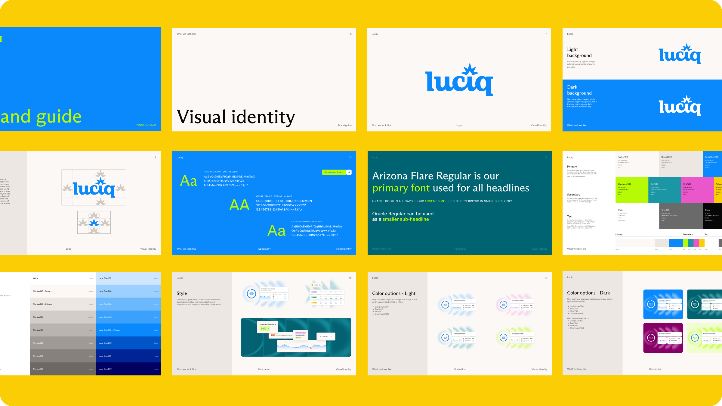Pages from the Luciq brand guide covering logo, type, color, and illustration