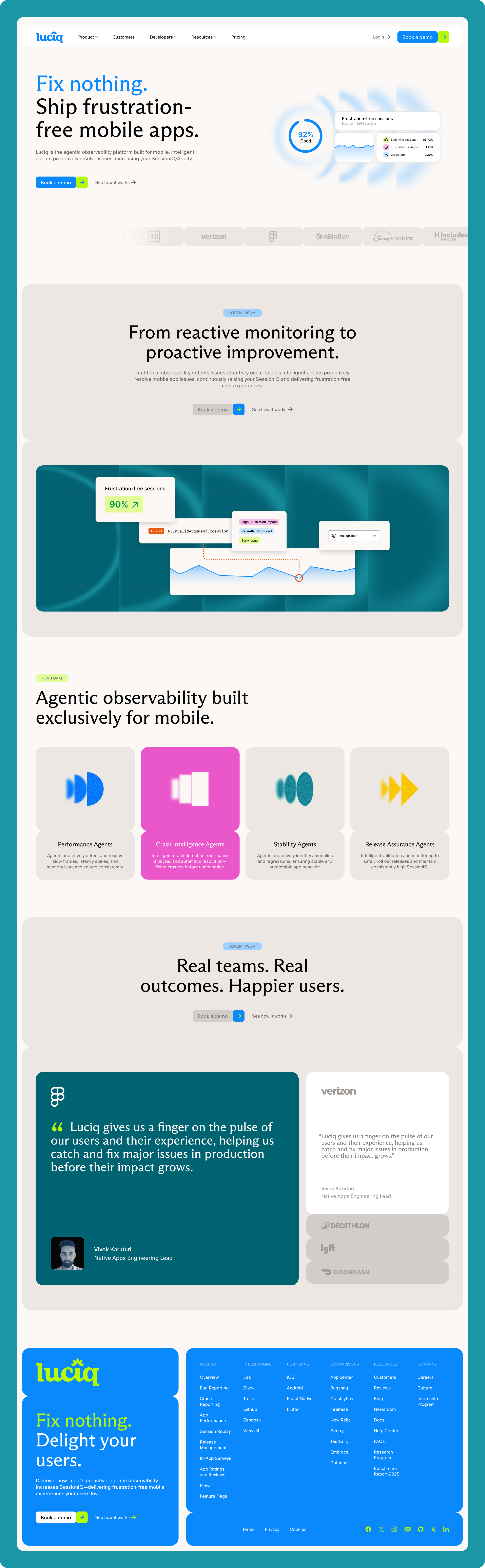 Luciq website homepage design with hero section and customer testimonials