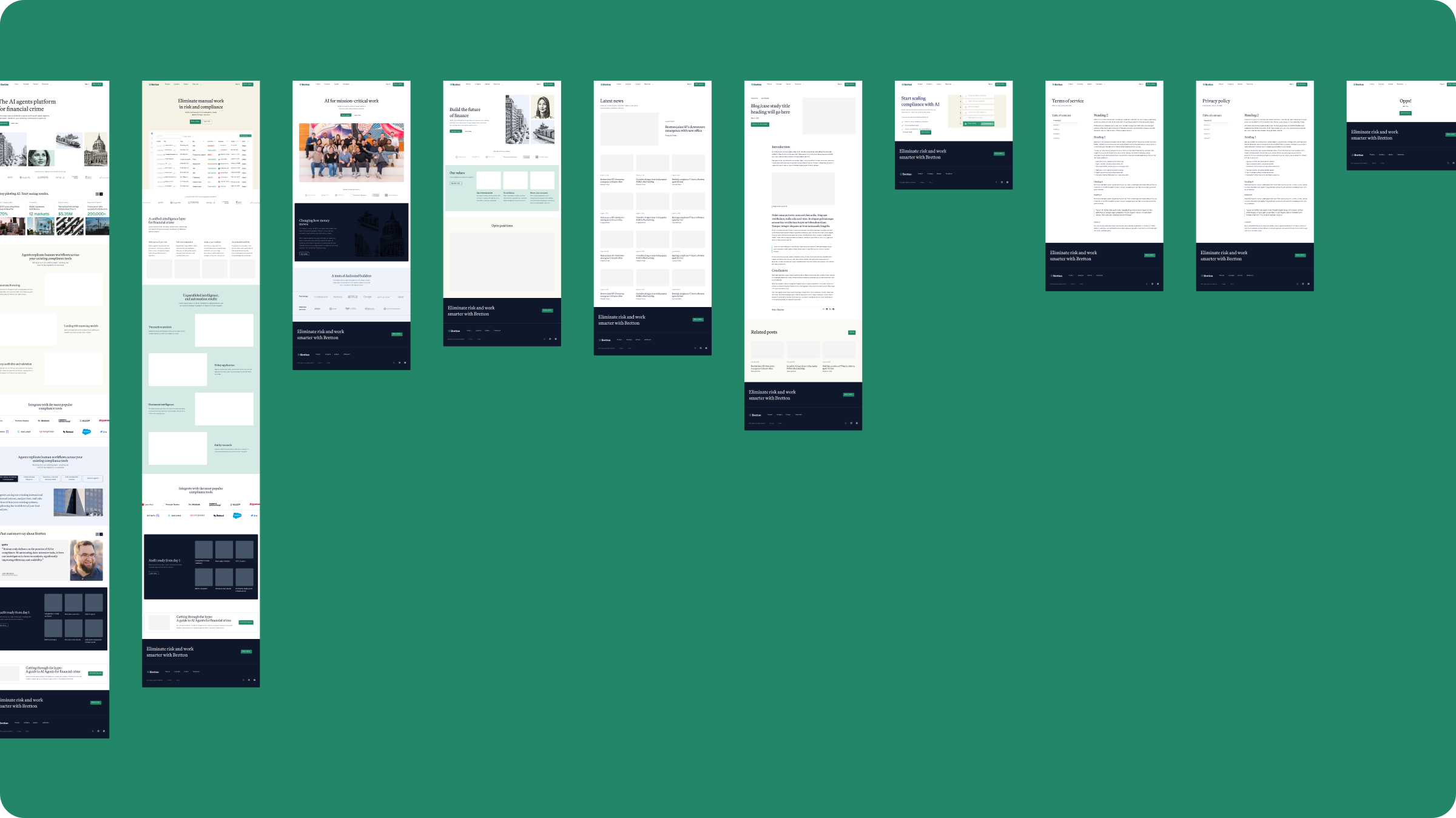 Grid of ten Bretton website page designs including homepage, product, company, and legal pages